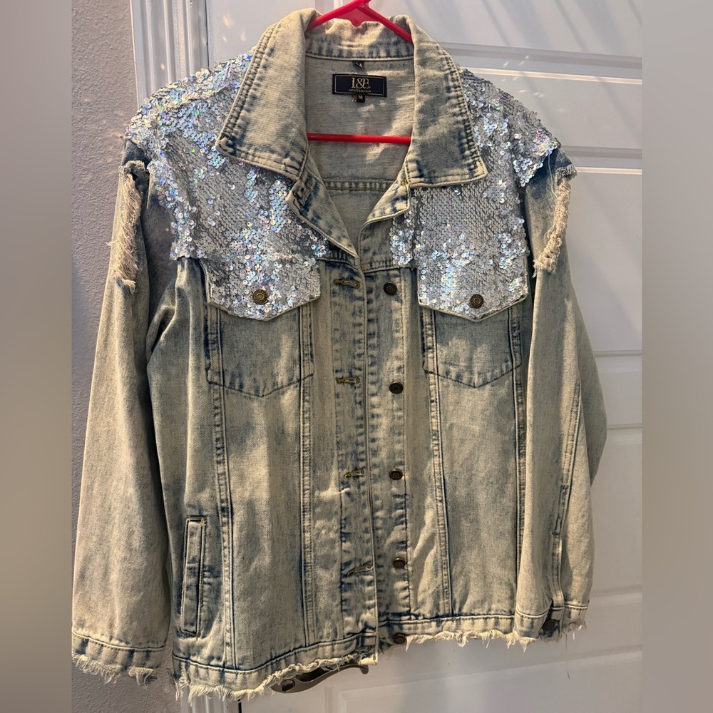 Lucky & Blessed Light Blue Denim Jacket with Silver Sequins